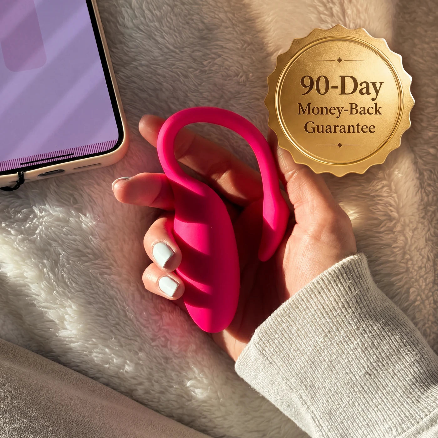 A hand holding the Flamingo beside a 90-Day Money-Back Guarantee seal